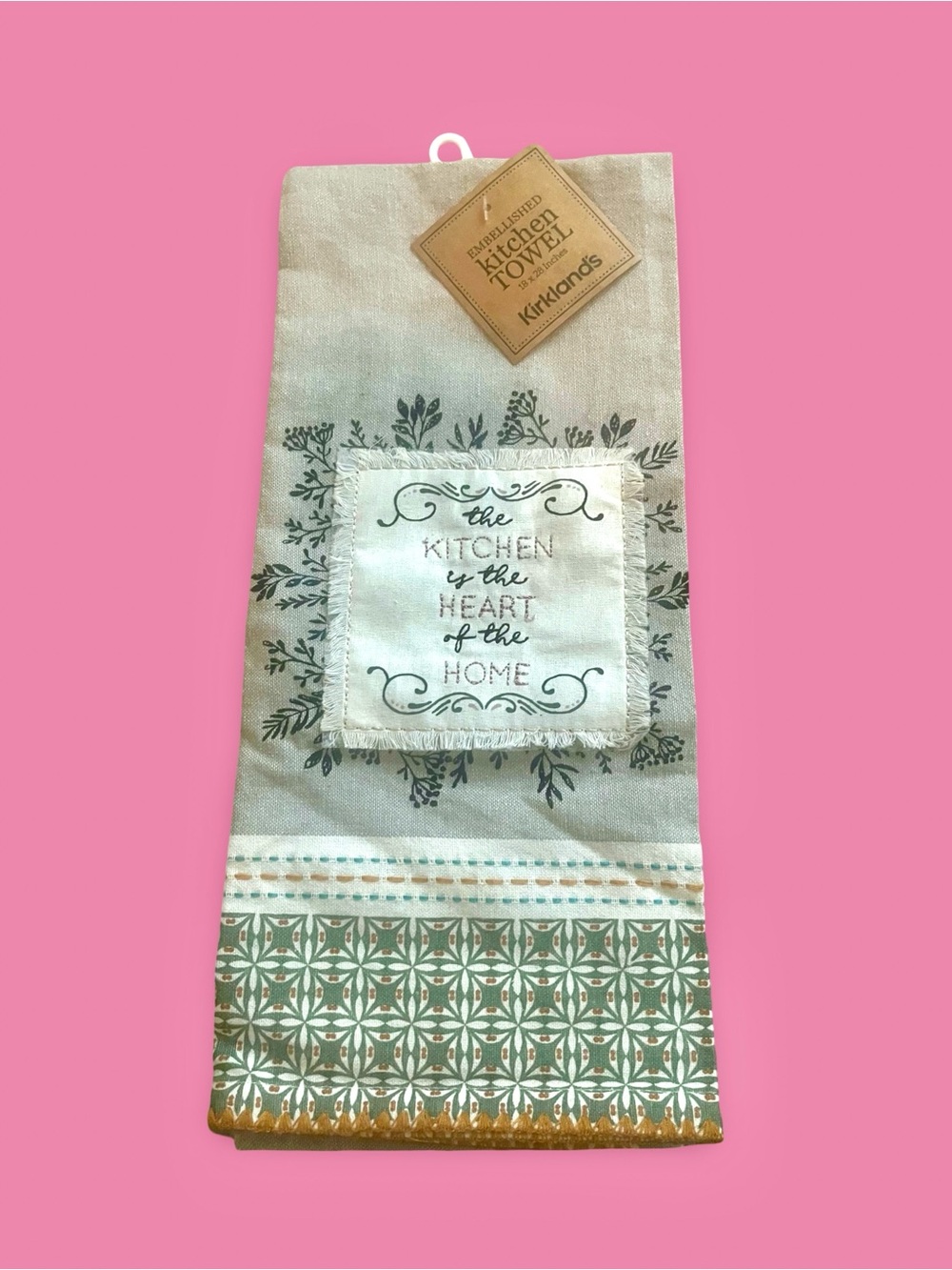 Kirklands Beige and Green Kitchen Towel with Printed Quote
